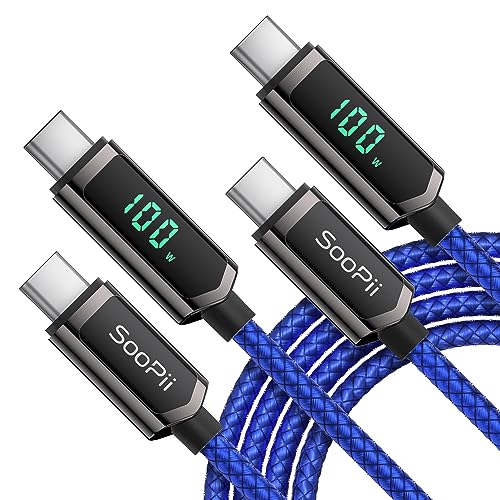 SOOPII USB C to USB C Cable, [ 6.6FT, 2-Pack ] Nylon Braided 100W Type-C Cable with LED Display for lPhone 15/15 Plus/15 Pro/15 Pro Max, MacBook Pro, Samsung Galaxy S22/S10, Pixel, LG - color: Blue, size: 6.6 Feet (2-Pack) 100W