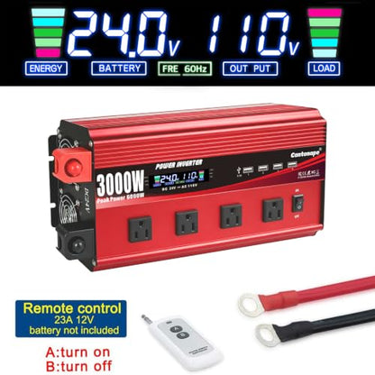 Cantonape 3000W Power Inverter 24V to 110V/120V DC to AC with LCD Display, Remote Controller 4 x AC Outlets and 4 x 3.1A USB Car Adapter for Car Truck Boat RV Solar System - size: 3000W-24V