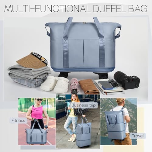 VOOWO Duffel Bag with Wheels - Rolling Foldable Expandable Duffle Bag with Wheels for Travel, Rolling Luggage Bag Carry On Travel Bag with Wheels, Large Wheeled Overnight Weekender Bag (Blue) - color: Blue