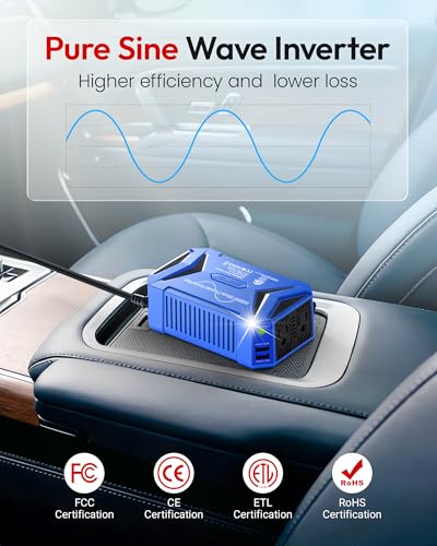 BESTEK Pure Sine Wave Power Inverter, 300W DC 12-17V to 110V AC Car Adapter | Vehicle Plug in Cigarette Lighter Outlet Solar Inverter, 4.8A Dual USB Fast Charging Ports for Phone, Laptop, CPAP(Blue) - color: Blue