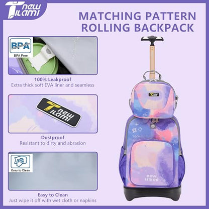 NEW TILAMI 16 Inch Rolling Backpack with Lunch Bag for Girls Boys School | 6-Wheel Stair-Climbing Girls Boys Carry-on Suitcase Water-Resistant Adjustable Trolley Handle Wheels School Travel Camping - color: Purple Watercolor