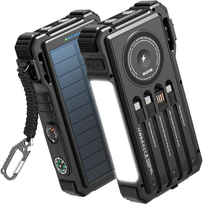 BLAVOR Solar Power Bank 20000mAh Built-in Cables, Wireless Charger for Phones & Apple Watch, 20W Fast Charging Battery Pack with USB C, Flashlight, Solar Charger for iPhone, iPad, iWatch, Samsung - color: Dull black