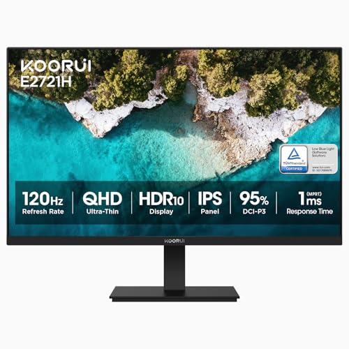 KOORUI 27 Inch QHD (2560x1440) IPS HDR Ultra-Thin Computer Gaming Monitor, 120Hz Refresh Rate, DCI-P3 95%, FreeSync & G-Sync, 1ms MPRT, VESA 100x100mm, Tilt Adjustable for Game and Work, E2721H - size: 27"/120Hz/QHD/IPS