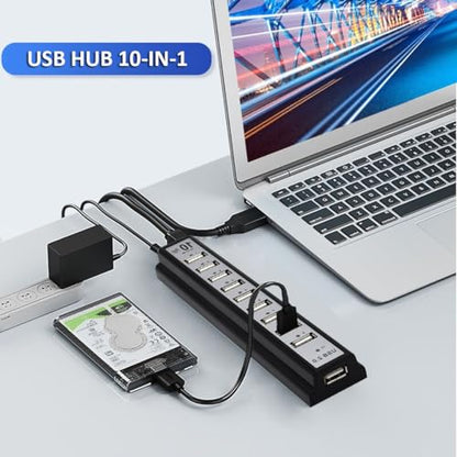 USB Hub 10-Ports, USB Hub Extender Network Splitter Adapter with Powered, for MacBook, PC, Laptop, Mice, Keyboards（ Only USB Data Transfer Not for Charing