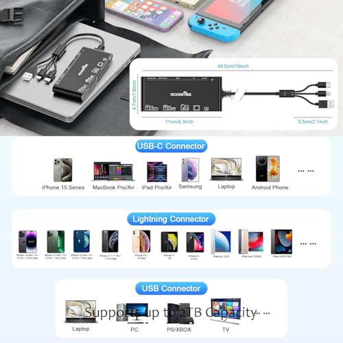 USB 3.0 Multi Card Reader for SD, Micro SD, CF & XD Cards | 7-Slot Memory Card Reader with USB-C, USB-A and Lightning, 5Gbps Transfer for iPhone, iPad, MacBook and PC - color: CR324-R