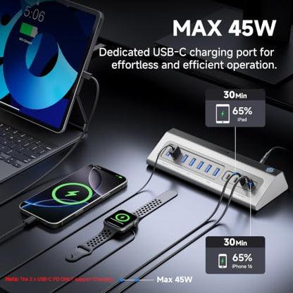 Giftos Powered USB Hub, 18 in 1 USB 3.2 Hub with 4K HDMI, PD 100W,45W Charge,10Gbps USB,SD/TF,Audio, 65W Adapter,3.3FT Cable,Aluminum,Smart Button, USB Hub for Mac, Mac mini, iMac,iPhone 17/16,iPad - size: 18 IN 1