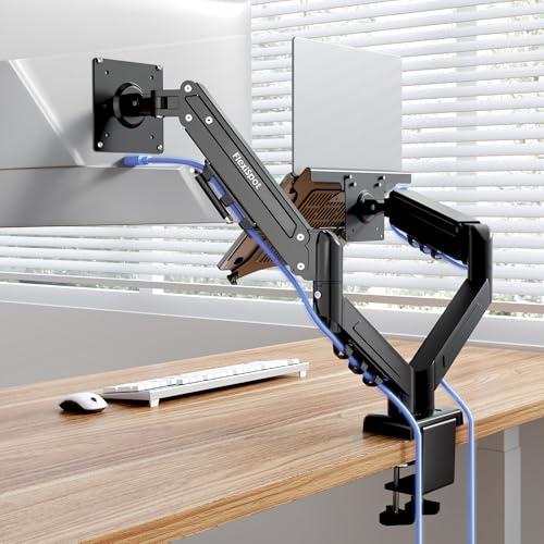 FlexiSpot Laptop Mount, Dual Monitor Arm with Laptop Tray, Fits Up to 32 Inch Monitor and 17.3 Inch Notebook, Full Adjustable Gas Spring Holds up to 19.84lbs per Arm for Office & Home, Black - color: Black, size: Max 19.84 lbs per arm