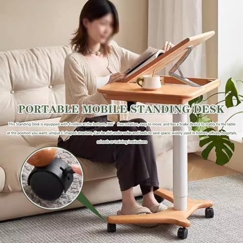 Sit Stand Hospital Workstation, Height Adjustment Stand Up Desk, Flipped Mobile Podium, Sofa Side Table with Rollers(Natural) - color: Natural