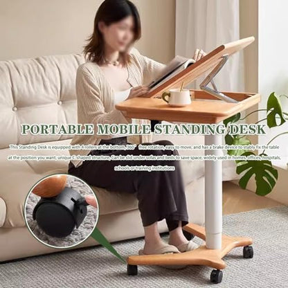 Sit Stand Hospital Workstation, Height Adjustment Stand Up Desk, Flipped Mobile Podium, Sofa Side Table with Rollers(Natural) - color: Natural