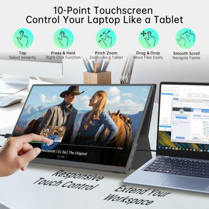15.6” Portable Monitor Touchscreen, FHD 1080P IPS USB-C External Monitor, Ultra Responsive 10-Point Touch Laptop Second Screen, Lightweight Travel Monitor for Windows PC - size: 15.6"Touch