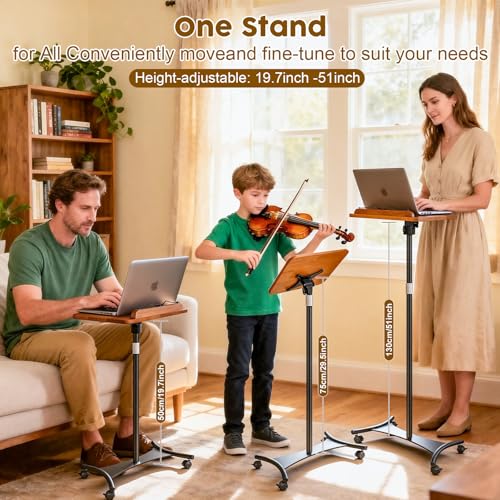 2 in 1 Dual-use Music Stand & Desktop Book Stand, Adjustable Height 16.5"-51", 100% Solid Wood Laptop Floor Stand Book Holder with Elastic Page Clips for Cookbooks (Brown-Wheeled) - color: Brown-wheeled