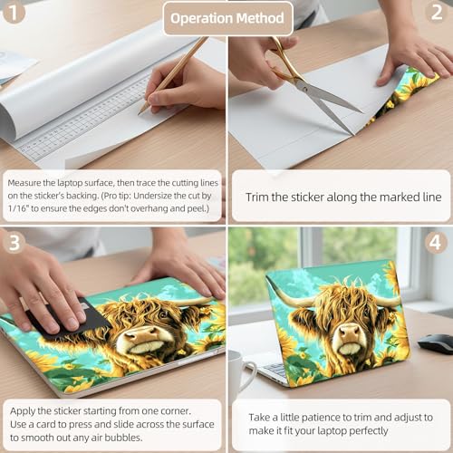 Aesthetic Laptop Skin Cover,12-15.6 Inch Universal Vinyl Sticker Decal,Waterproof Scratch-Resistant Notebook Wrap,Removable Residue-Free Protector,Sunflower Cow Art - color: Sunflower Cow Art