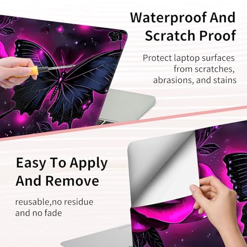 15.6 Inch Laptop Skin Sticker, Reusable Vinyl Cover Protector with 2 Wrist Pad Skins, Removable Waterproof Scratch-Resistant for 12-15.6 Inch Laptop Notebook,Purple Rose and Butterfly - color: Purple Rose And Butterfly