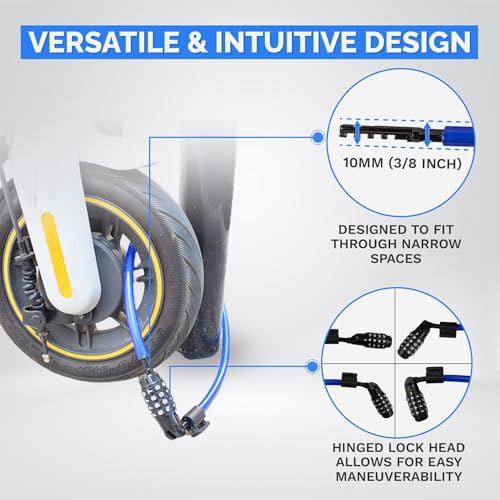 Anti-Theft Security Cable Lock, Blue, 2ft, Combination Lock, Weather Resistant, Portable | Weatherproof, Vinyl Coated, 10mm Security Cable, Mounting Bracket, Portable, Anti-Theft, Keyless, Bikes, Bicycles, Scooters - size: 2ft