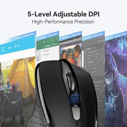 TECKNET Wireless Mouse, 2.4G Ergonomic Computer Mouse, 2600 DPI, Black | Ergonomic Design with Side Grips, Adjustable DPI, 2-Year Battery, Compact Size, USB-A Plug & Play, Wide OS Compatibility - color: Black