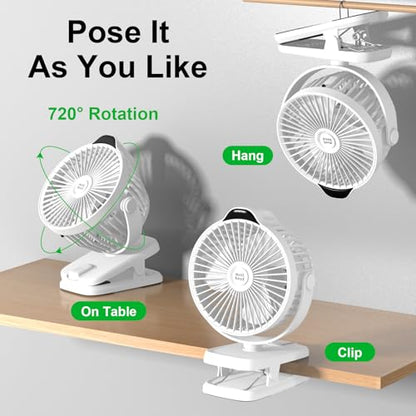 Minthouz 8000mAh Rechargeable Small Clip Fan with Battery Level Indicator | 8000mAh Battery Powered Fan with Remote, 720° Rotation Low Noise USB C Desk Fan for Outdoor Home/Office/Camping/Travel - color: White