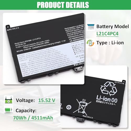 L21M4PC7 L21C4PC4 Laptop Battery Replacement for Lenovo Slim 7 ProX-14IAH7 ProX-14ARH7 / Yoga Slim 7 ProX-14IAH7 ProX-14ARH7 Series L21M4PE0 L21C4PE0 L21D4PC4 L21D4PE0 15.52V 70Wh 4511mAh - size: 11.0*3.34*0.23inch L21M4PC7