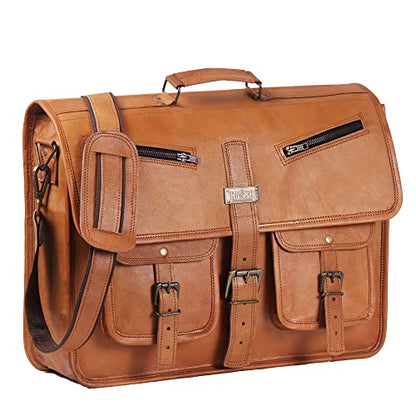 Leather Messenger Bag for Men and Women 18 Inch | Best Laptop Briefcase Satchel Computer Bag with Adjustable Strap - color: Tan