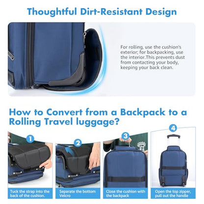 17.7inch Rolling Backpack With Wheels for Adults, Roller Carry On Luggage Wheeled Backpack, Rolling Laptop Backpack for Men Women to Travel Business, Blue