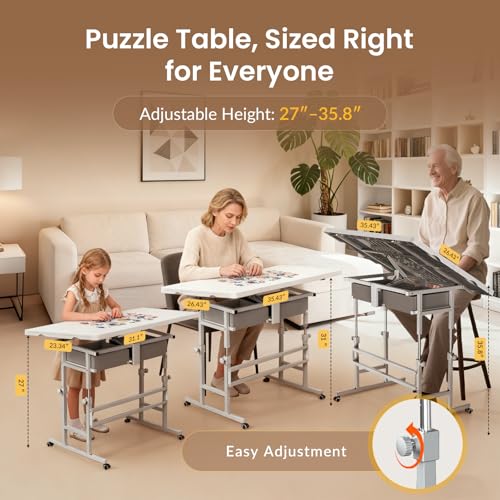 ALL4JIG 1500 Piece Light-Weight Adjustable Tilting Plastic Jigsaw Puzzle Table for Adults, 25.59"x34.25"Puzzle Board with 4 Drawers&Protective Cover, 45-Degree Any-Angle Tilt,Laptop Table for Couch - size: Medium-1500pcs