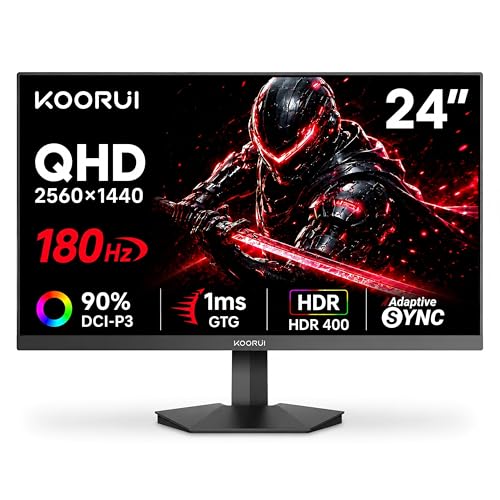 KOORUI 24 Inch 1440P Gaming Monitor, 180Hz Fast IPS, 1ms, HDR400, G2421V | 90% DCI-P3 Color Gamut, Adaptive Sync, Slim Bezel, VESA Mountable, HDMI 2.0 and DisplayPort 1.4 - size: 24"/QHD/180Hz