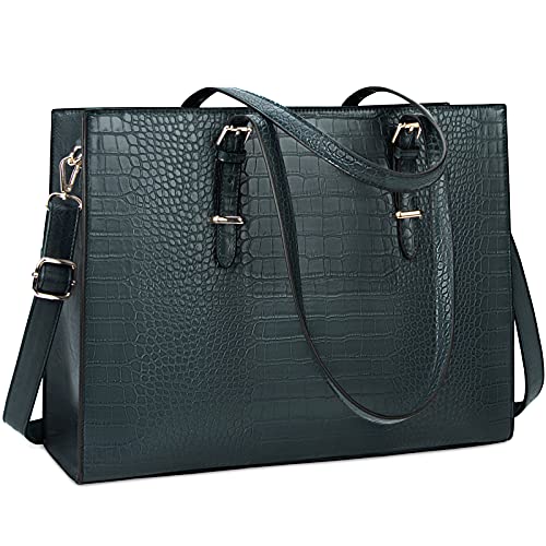 Laptop Bag for Women 15.6 Inch Crocodile Leather Tote Bag Water-resistant Work Briefcase Business Computer Shoulder Bag for Travel Teacher Nurse Professional Handbag - color: Dark Green
