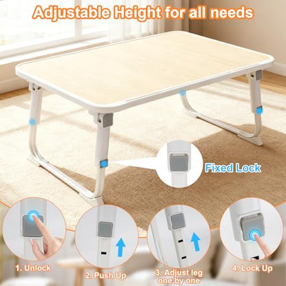 Laptop Desk for Bed, Adjustable Height Laptop Bed Table, Foldable Lap Desk with USB Charge Port, Desktop Card Slot, Side Drawer, Book Shelf, Portable Lap Tray for Eating Reading Working Sofa & Floor