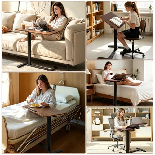 Adjustable Overbed Table with Wheels, Rolling Laptop Table for Bed & Sofa | Height Adjustable 26.38"-42.52" Hospital Bed Table with Tilt Tray for Laptop, Eating, Working, Reading & Home Office - color: Brown