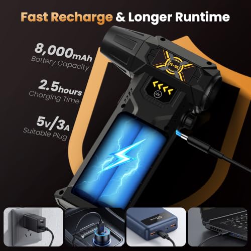 Compressed Air Duster, Electric Air Duster with Upgraded 6 Nozzles, 130000RPM Rechargeable Air Duster, LED Light & Adjustable Speed, Turbo Air Blower for PC, Electronics & Car Cleaning (FE-J35)
