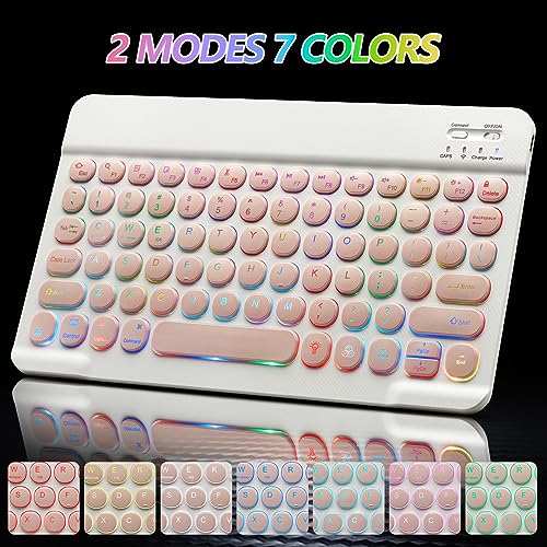 Bluetooth Keyboard and Mouse Combo for iPad - Rechargeable Wireless Keyboard & Mouse with 7-Color Backlit Compatible with iPad 9th/8th Gen, iPad Pro/Air/Mini, iPhone14/13/12 Pro, Round Keys Pink - color: pink