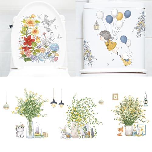 5 Sheets Flowers and Cute Critters Bathroom Toilet Seat Lid Cover Decals Stickers PVC Sticker Removable Self-Adhesive Restroom Decor Art Decoration - color: Style-f