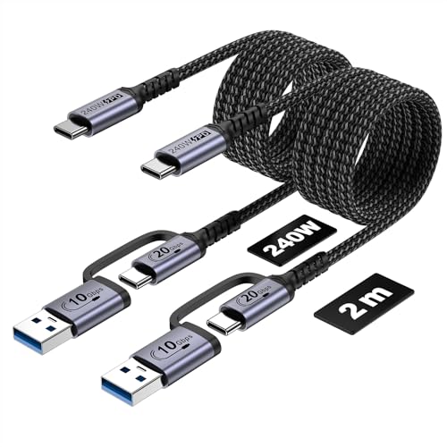 20Gbps USB c Cable for CarPlay 6.6FT[2Pack],2-in-1 USB 3.1 Gen2 Cable | 240W Fast Charge Cord & Data Transfer ,2m usb a to c cable Compatible with iPhone17 16 15 Pro Max, Samsung Series, SSD - color: Silver, size: 6.6ft,6.6ft