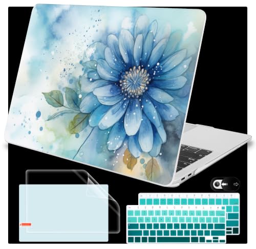 Mektron Case for MacBook Air 13 inch M1 A2337 A2179 A1932,Hard Cover 2018-2021 Air 13-inch with Touch ID, Exclusively Designed Protective Shell with Screen Protector,Watercolor Blue Flower - color: Watercolor Blue Flower