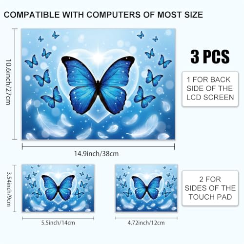 3Pcs Blue Butterfly Laptop Skin Sticker Universal Removable Vinyl Stickers Fits for 12.1 13 14 15.6 16 Inch Waterproof Notebook Decal Cover Gift - color: blue