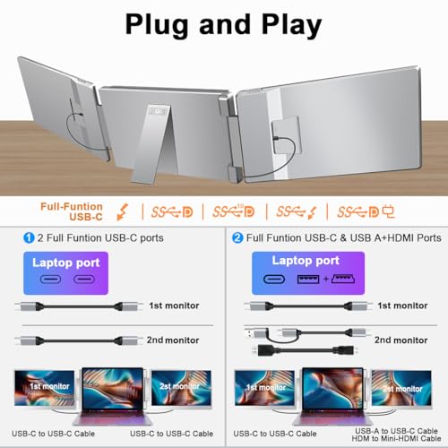 14" Laptop Screen Extender, FHD IPS Triple Screen Monitor Extender | FHD 1200P IPS Tri Screen for Laptops 12-16.5", USB-C/HDMI, Plug & Play, Dual Extra Screen Computer Monitors for Windows/Mac - size: 14 inches