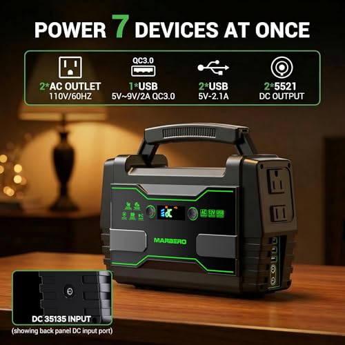 MARBERO Solar Powered Generator 155Wh, 100W with Solar Panel Kit 30W | Solar Generator 150W Surge Power Station with 2x 100W AC Outlets for Camping Home Emergency Blackout Outdoor Hiking Fishing - color: Green Black