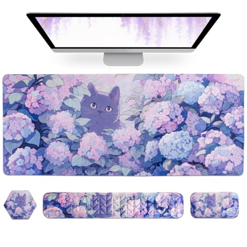Petmolico 4-in-1 Wrist Rest Set with Desk Pad, Blue Flower Cat | Non-slip PU base, soft Lycra & memory foam, ergonomic pain relief, great for home/office - color: Blue