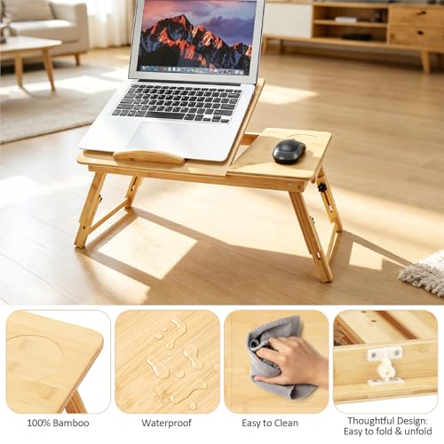 Laptop Desk for Bed, Foldable Bed Tray, Adjustable Angle & Height | Bamboo Laptop Stand with Cup Holder and Drawer, Portable Lap Desk for Couch Sofa Floor, Ideal for Breakfast, Writing, Drawing