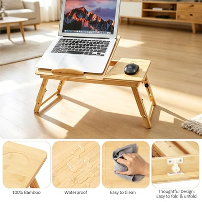 Laptop Desk for Bed, Foldable Bed Tray, Adjustable Angle & Height | Bamboo Laptop Stand with Cup Holder and Drawer, Portable Lap Desk for Couch Sofa Floor, Ideal for Breakfast, Writing, Drawing