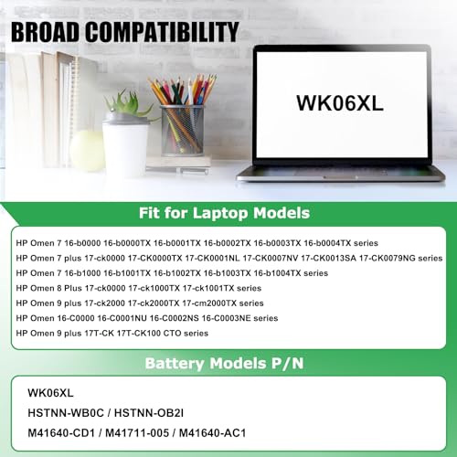 WK06XL Laptop Battery Replacement for HP Omen 16-b0xxx 16-b0000TX 16-B0047TX 16-C0xxx 16-C0167AX Omen 7 Plus 17-ck0xxx 17-CK0007NV 17T-CK100 Series M41640-AC1 M41640-CD1 M41711-005 11.58V 83Wh