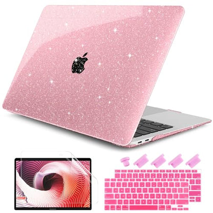 DONGKE for MacBook Air 13 inch Case 2021-2018 Release A2337 M1 A2179 A1932, Bling Plastic Hard Shell Case & Keyboard Cover Only Compatible with MacBook Air 13 inch Retina Fits Touch ID, Sparkly Pink | 2021-2018 Release - color: Sparkly Pink