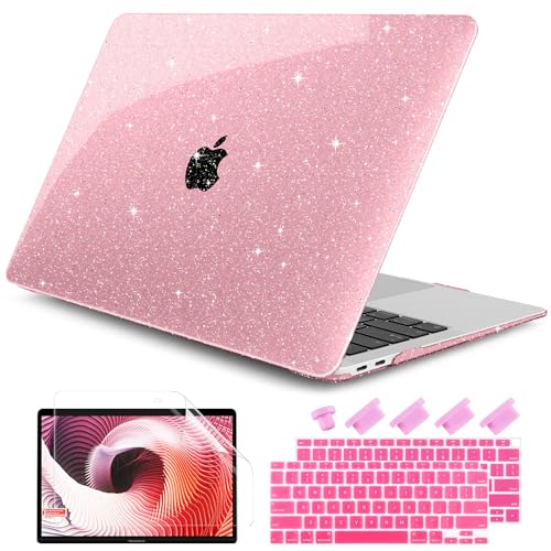 DONGKE for MacBook Air 13 inch Case 2021-2018 Release A2337 M1 A2179 A1932, Bling Plastic Hard Shell Case & Keyboard Cover Only Compatible with MacBook Air 13 inch Retina Fits Touch ID, Sparkly Pink | 2021-2018 Release - color: Sparkly Pink