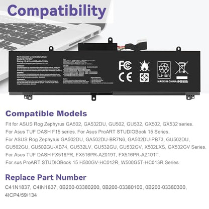 C41N1837 Battery Replacement for Asus Rog Zephyrus GA502 GA502D GA502DU GA502GU GA502IV GU502 GU502DU GU502GV GU502LU GU502LW GU502LV GX502LXS GX502GV GX502GW GU532 GX532 GU532GU GU532GV GX532GV - size: C41N1837 12.60*5.28*1.06 in