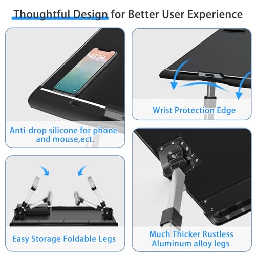 Laptop Bed Desk, X-Large Leather Adjustable Computer Bed Table Tray, Foldable Laptop Lap Desk for Bed Sofa Couch Floor Writing Eating Working with Drawer 2 Movable Stoppers (23.6 inch, Black) - color: Black