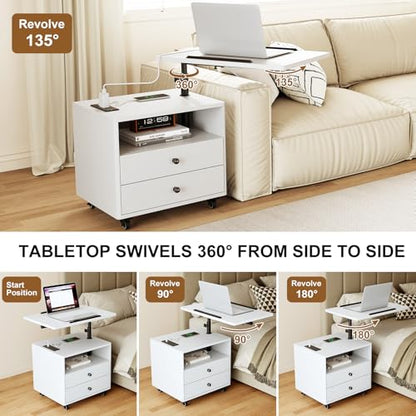 Bedroom Nightstand with Drawers & Charging Station, Adjustable Height Bedside Table with Wheels, Wooden Small Sofa Side Tables with Storage for Living Room, White - color: [A3] White