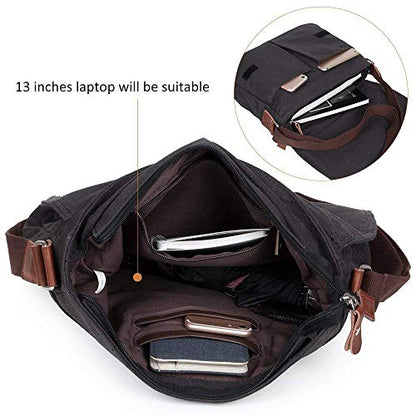 AUGUR Messenger Bag,Casual Shoulder Sling Bag Canvas Satchel Bag Crossbody Bags for Men Work Office Laptop Bag fit 13 inch - Black - color: Black