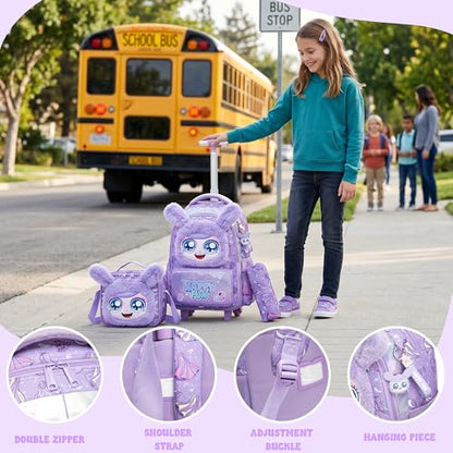 Meetbelify Rolling Backpack for Girls Backpacks with Wheels for Elementary Student Kids School Travel Bag for Girls Ages 6-8 Years Old Purple - color: Purple