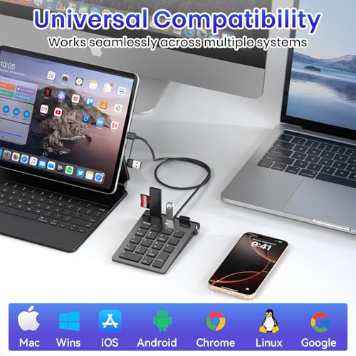 2-in-1 Number Pad & USB Hub with USB-C and USB-A Cables, 15° Ergonomic Wired Numpad with 3 USB 2.0 Ports , Number Keypad for Laptop/iPad/MacBook/PC/Windows/MacOS,No Adapter Needed USB Number Keypad - color: Black
