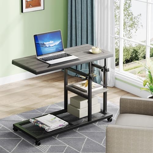 Tribesigns Height Adjustable C Table with Wheels, Mobile Couch Snack Side Table with Tiltable Drawing Board, Sofa Bedside Laptop Stand C Shaped TV Tray with Storage Shelves (Grey) - color: Grey+black