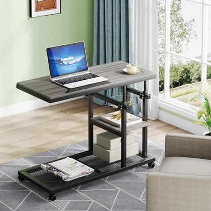 Tribesigns Height Adjustable C Table with Wheels, Mobile Couch Snack Side Table with Tiltable Drawing Board, Sofa Bedside Laptop Stand C Shaped TV Tray with Storage Shelves (Grey) - color: Grey+black